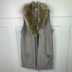 Orvis LARGE Tweed Knit Faux Fur Collar Sweater Vest Cardigan Wool Blend Nordic